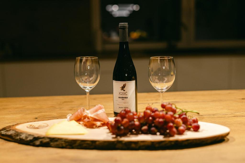 Wine and food prepared for an evening at the villa