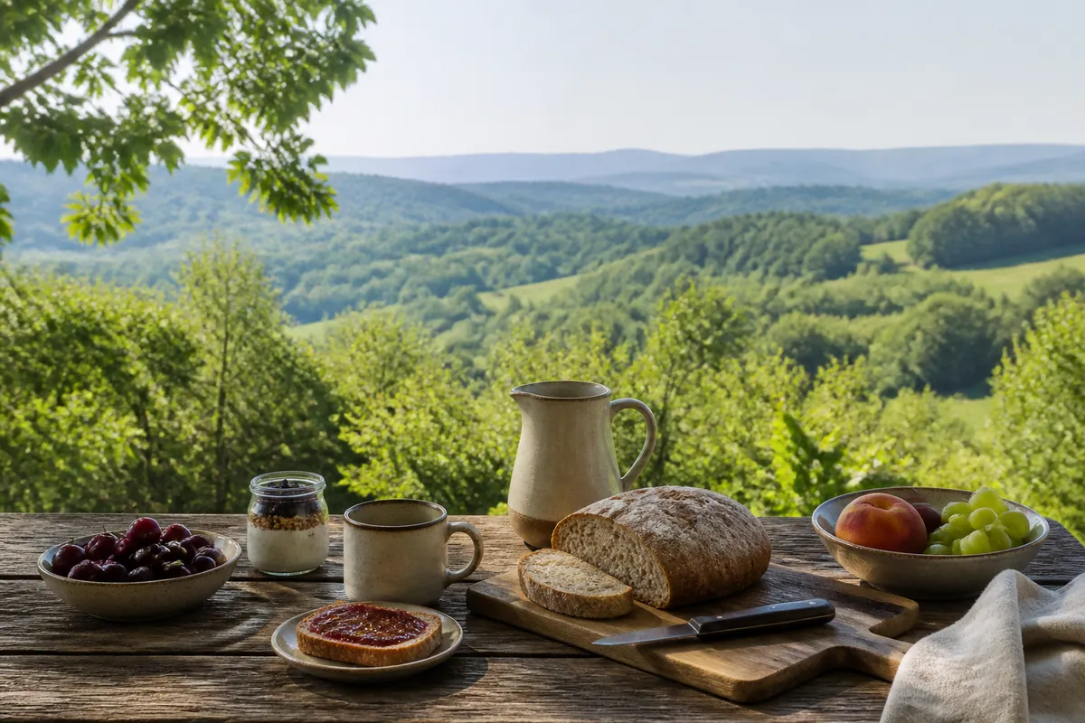 Simple outdoor breakfast overlooking green countryside near Zagreb