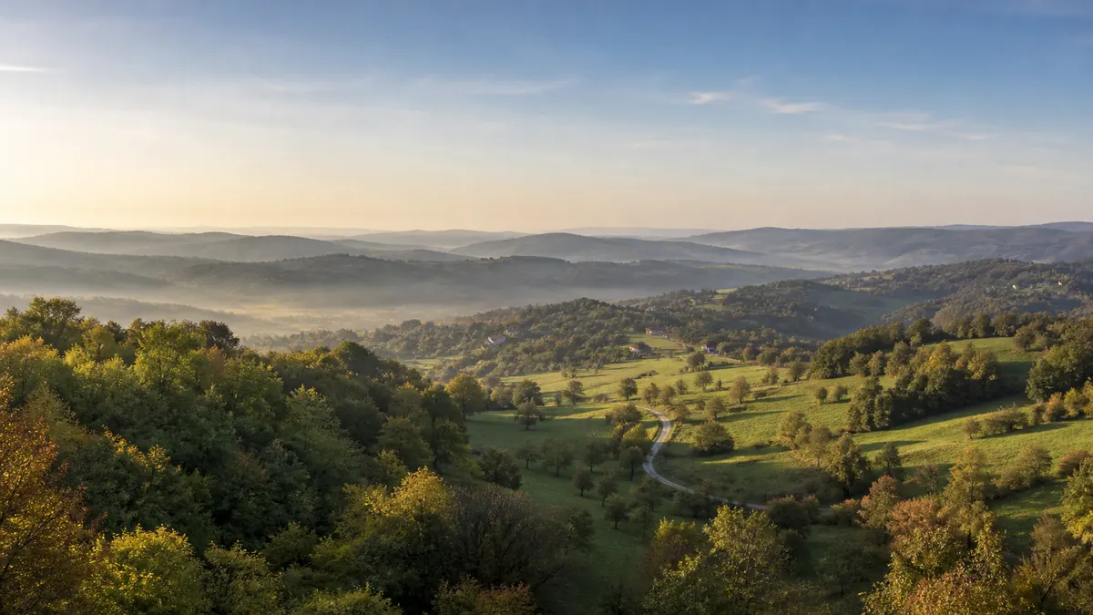 Low wooded hills, meadows and villages inspired by Vukomeričke Gorice